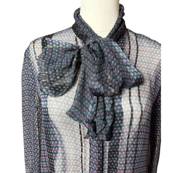 Vintage 70s The Silk Farm Paper Thin Sheer Metallic Silk Chiffon Blouse Size 10 - Picture 8 of 13